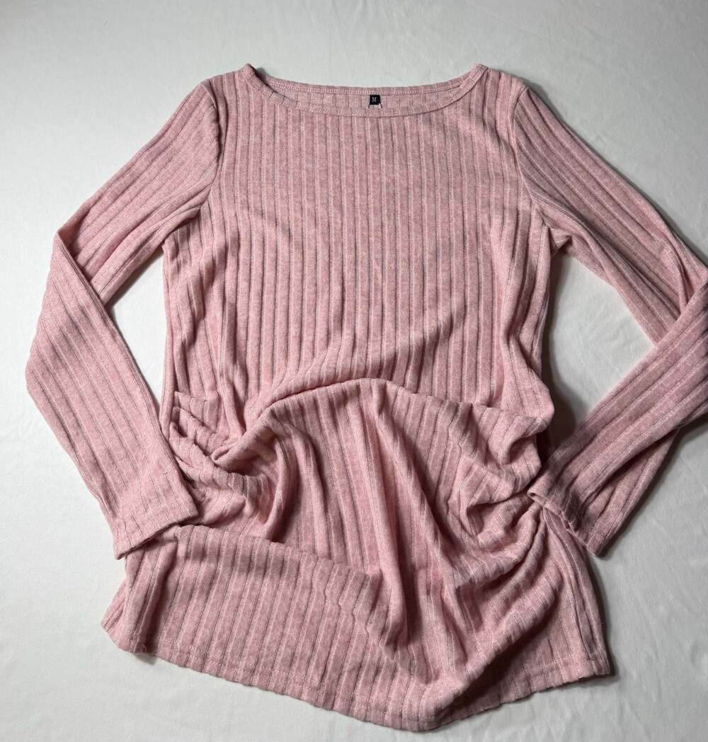 Sweetyweee Women's Pink Ribbed Long Sleeve Ruched Side Casual Top